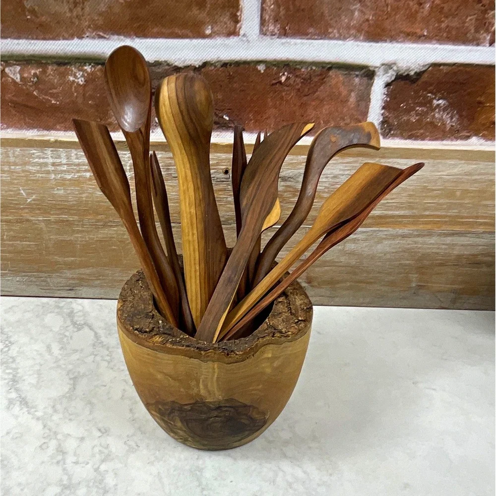 Rustic 11pc Wood Utensil Set Medium Brown Matte w/ Holder Spoon Fork Spatula